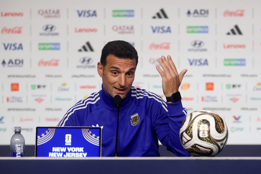 Lionel Scaloni, Head Coach of Argentina, speaks to the media during a press conference ahead of the FIFA World Cup 2026 Final at Fanatics Fest at Javits Center on July 17, 2026 in New York, New York.