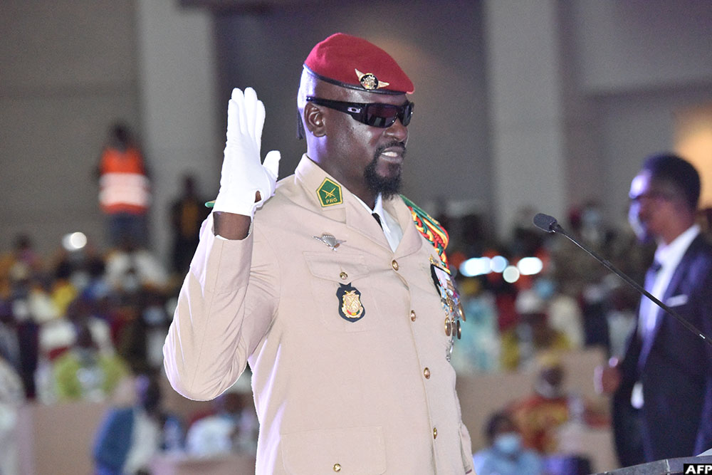 Guinea junta leader Colonel Mamady Doumbouya at his swearing in ceremony as president of the country transition on October 1, 2021 in Conakry.