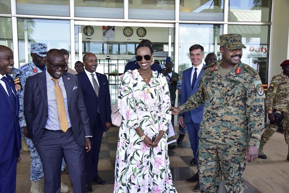 CDF General Muhoozi Kainerugaba and his sister Diana during inspection of L-39 Skyfox aircraft at Entebbe Air Base in Entebbe on Monday.
