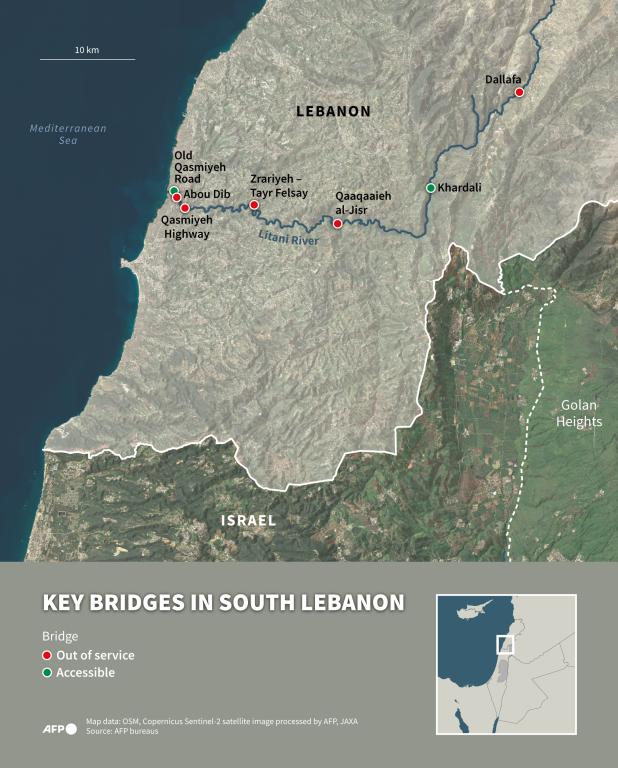 Infographic with a map showing the key bridges over the Litani River in southern Lebanon (AFP)