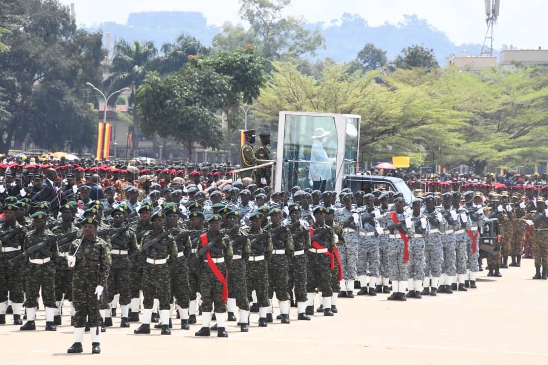 President Museveni inspecting the military parade.