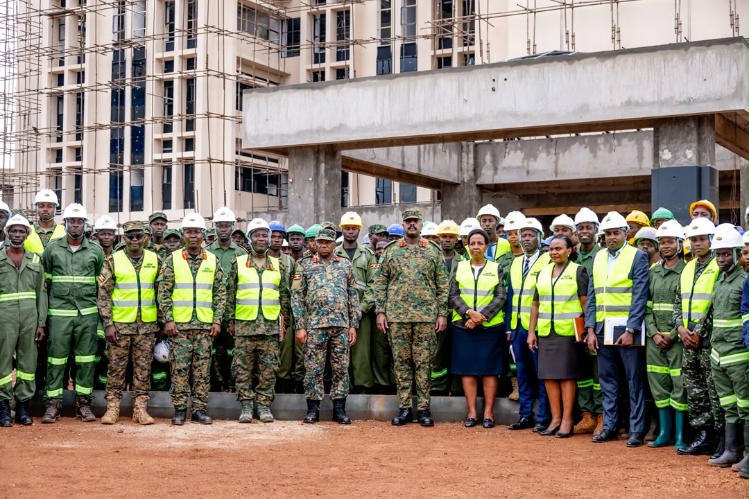 The Chief of Defence Forces, Gen. Muhoozi Kainerugaba in a group photo with the UPDF Engineering Brigade during a tour of the new Ministry of Defence and Veteran Affairs (MoDVA)/UPDF complex under construction. (Courtesy)