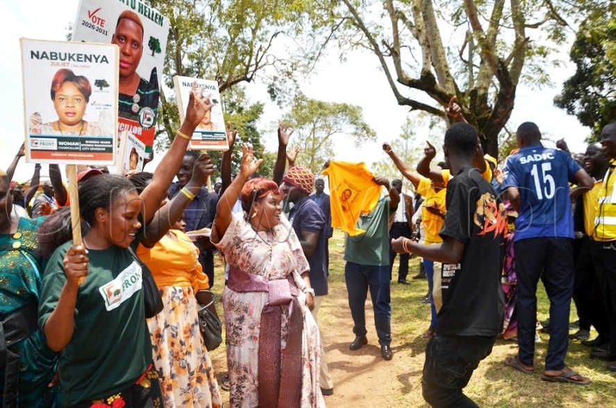DF and NRM supporters cheer each other after the norminations exercise for the  Nyendo-Mukungwe Division Mayoral race and councillors.