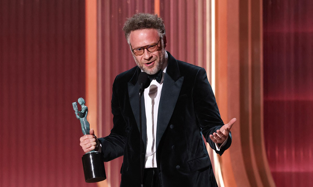 Canadian-US actor Seth Rogen accepts the award for Outstanding Performance by a Male Actor in a Comedy Series for "The Studio" during the 32nd Annual Actor Awards at the Shrine Auditorium in Los Angeles on March 1, 2026. 