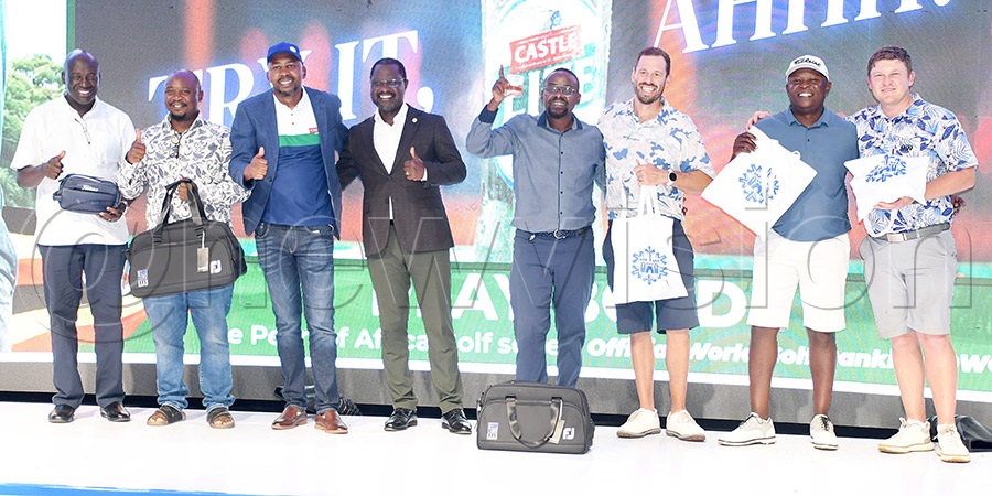 Nile Breweries CEO Nkanyiso Mncwabe (3rd left) and UGU president Jackson Were (4th left) poses with the top players from the Pro-Am: Edward Nyatia (left), Ronald Kwikiriza, Daniel Kalungi (4th right), Ruan, Toto Thimba Jnr and Slade Pickering (right) after the Pearl of Africa Golf Series Series Pro-Am at Entebbe Club. Photo by Michael Nsubuga