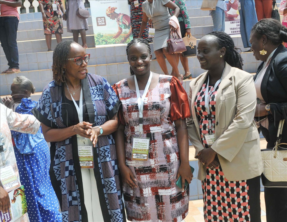 (L-R) France Birungi, the Executive Director of the Uganda Community Based Association for Women and Children's Welfare, with Bethel Kisaarwot, Director Women's Land Rights Movement and Martha Mugarura, the Commissioner of Lands, at the 4th Women Land Rights Conference on October 15, 2026.