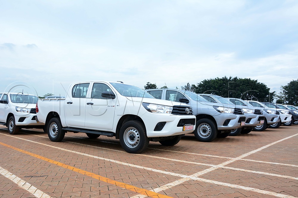 Side view of 196 Brand new Toyota Pickup cars during distribution of vehicles to local government political leaders at Kololo Independence Grounds on October 31, 2025. (Photo by Mary Kansiime)