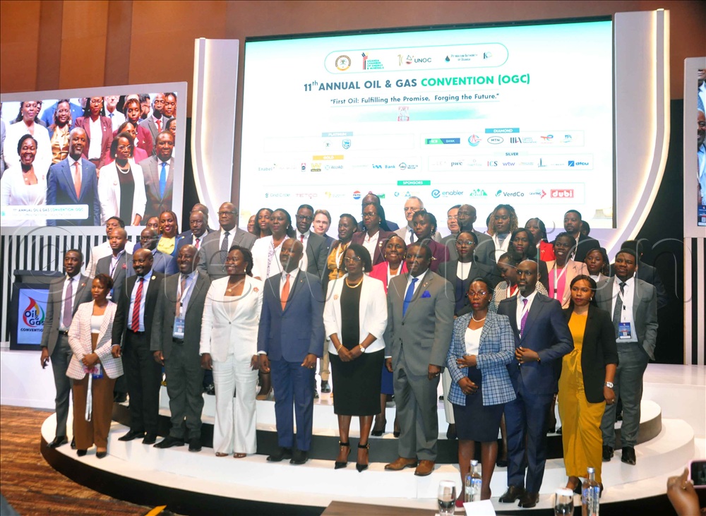 Tayebwa (Sixth Right) and Nankabirwa (Fourth Left) arriving for the 11th International Oil and Gas Convention organised by the Uganda Chamber of Energy and Minerals (UCEM) at Speke Resort Munyonyo. 