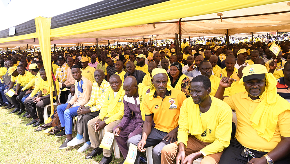 Some of Busoga's NRM leaders listen to President Museveni’s address during a leaders meeting at Iganga Girls School grounds in Iganga town on Saturday, Jan. 10, 2026. (PPU Photo)
