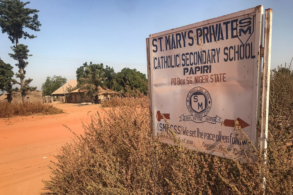 A signboard for St Mary’s Private Catholic Secondary School stands at the entrance of the school in Papiri, Agwarra local government, Niger state, on November 23, 2025. 
