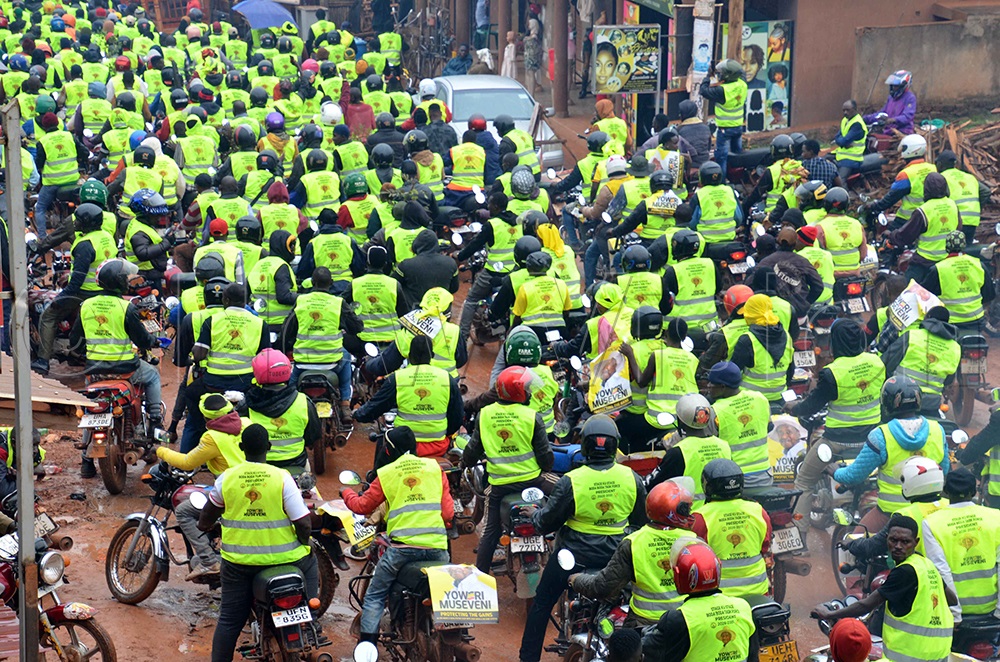Bodaboda riders at the launch of Stage Ku Stage NRM Campaign Mobilisation at Nabweru playground in Nansana, Wakiso district, Dec. 28. (Photo by Stuart Yiga)