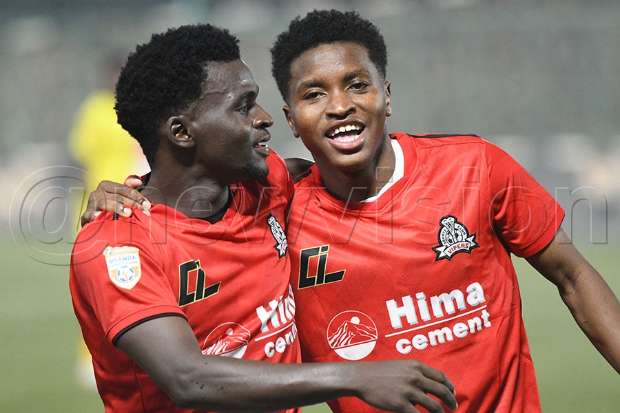 Vipers Karim Watambala (left) celebrates with Allan Okello against Mbarara City during a Uganda Premier League match at the St. Mary's Stadium, January 6, 2025. Vipers won 2-0. Photo by Michael Nsubuga