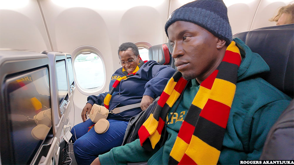 Teachers Alice Mary Birungi Baruga of Bombo Army Secondary School and Arafat Ndiwa Chemasuet (R), Kalas Girls Primary on the flight