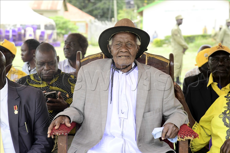 Yosam Odur, former paramount chief of Lango attending Museveni's rally at Apac Boma Grounds.