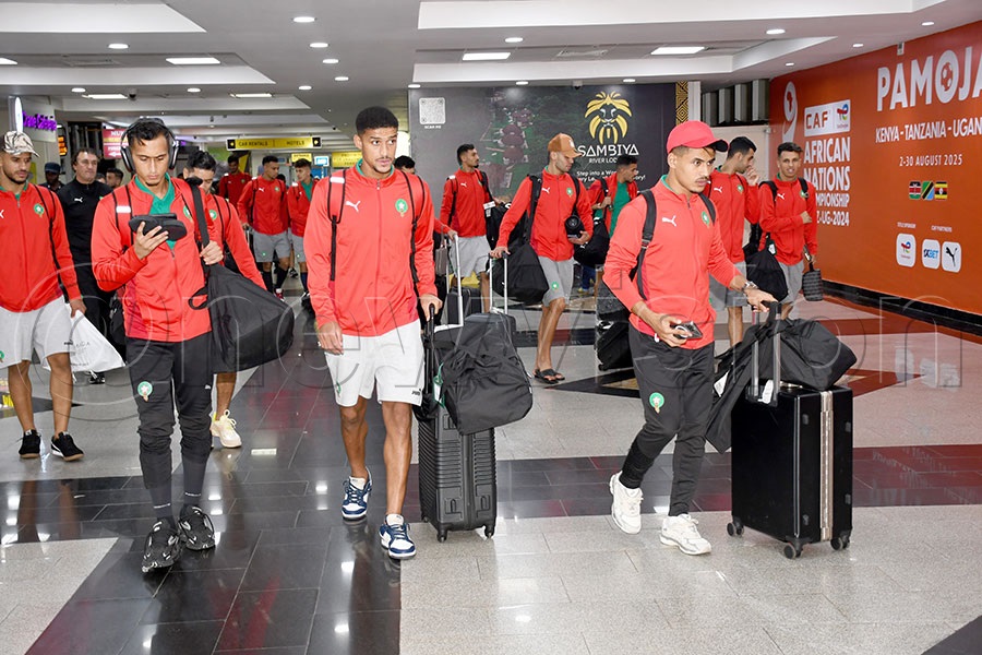 Morocco players walk through the arrival lounge at Entebbe Airport on arrival ahead of their semifinal clash against Senegal, August 24, 2025. Photo by Michael Nsubuga