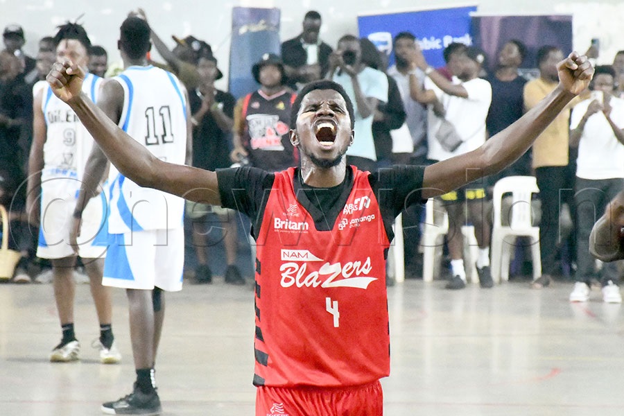 Namuwongo Blazers' Tonny Drileba celebrates after Game-6 of the best-of-seven final playoffs at Lugogo, November 5, 2025. Photo by Michael Nsubuga