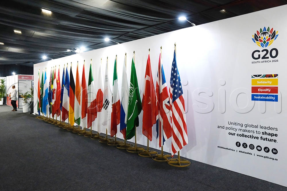 Flags of G20 member states displayed at the G20 Media Center at Johannesburg Expo Centre, on November 21, 2025. (Credit: Hajarah Nalwadda)