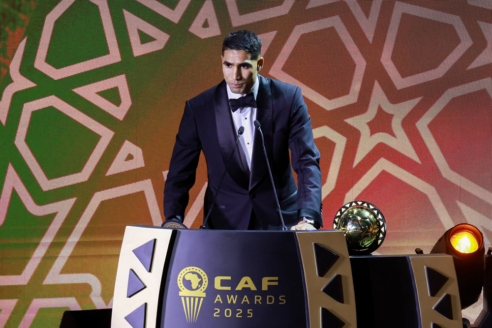 Paris Saint-Germain's Moroccan defender Achraf Hakimi speaks after receiving the Africa Player of the Year award during the 2025 Confederation of African Football (CAF) Awards in Sale, Morocco on November 19, 2025. (AFP)