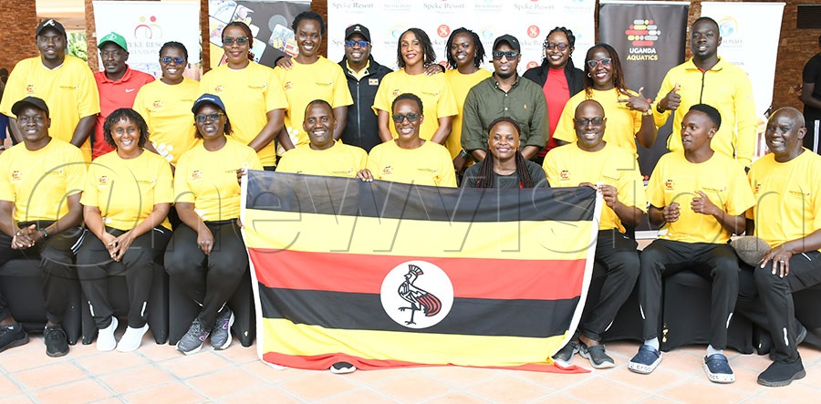 Uganda's Masters Swimming Team pose at the Speke Resort before they left for Nairobi to compete in the tenth Africa Aquatics Region 3 Swimming Championship at the Kasarani Aquatics Centre. Photo by Michael Nsubuga