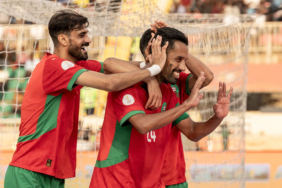 Morocco’s defender #24 Mohamed Rabie (R) celebrates with teammates after scoring his team's first goal during the African Nations Championship (CHAN) group stage football match between Morocco and Zambia at Nyayo Stadium in Nairobi. (AFP photo)