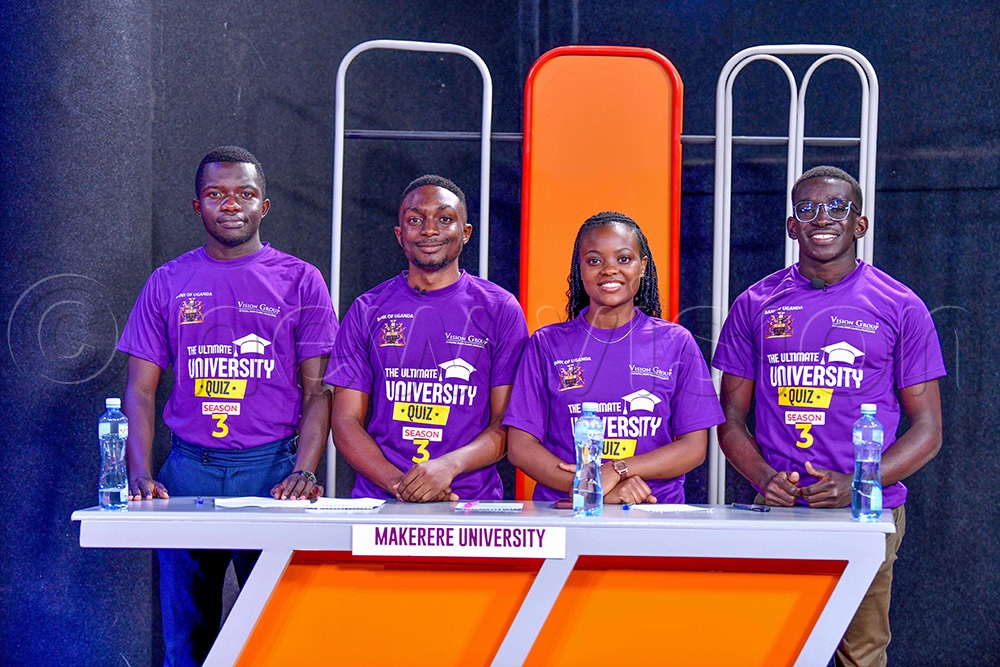 (left to right) Makerere University students; Dan Pariyo, Brian Kiti, Oprah Nkalubo and Gilbert Lazzarus Oketch during the Ultimate University Quiz Season 3. (Photo by Miriam Namuteb)
