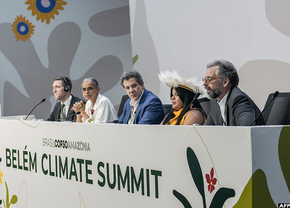 Panelists attending the Leaders’ General Plenary at the COP30 UN Climate Change Conference in Belem, Para State, Brazil on November 6, 2025. (AFP/ COP30 Press Office)