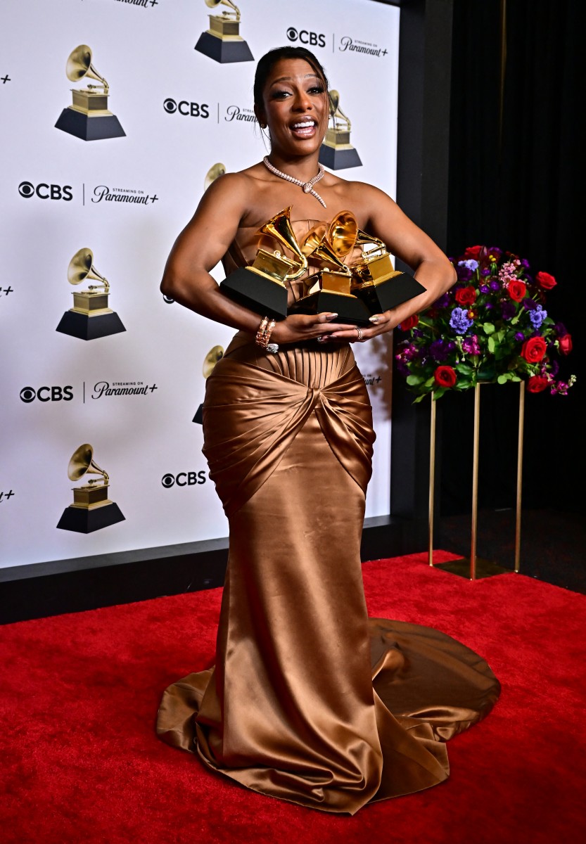 US singer-songwriter Victoria Monet poses in the press room with the Grammys for Best New Artist, Best Engineered Album, Non-Classical and Best R&B Album for "Jaguar II" during the 66th Annual Grammy Awards at the Crypto.com Arena in Los Angeles on February 4, 2024. 