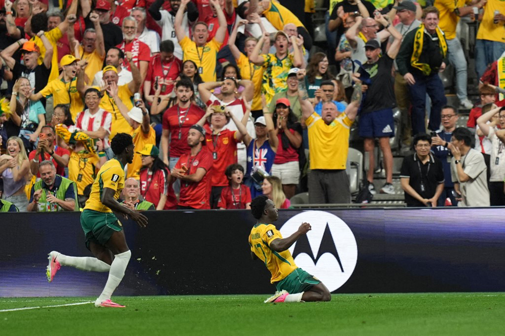 Nestory Irankunda (17) of Australia celebrates after scoring a goal during the 2026 FIFA World Cup First Stage Group D match between Australia and Turkiye at BC Place Stadium in Vancouver, Canada on June 13, 2026.