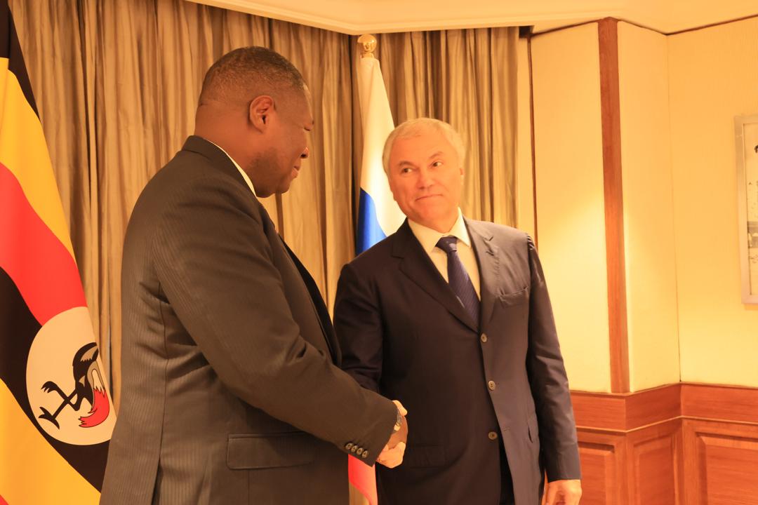 The Speaker of the Ugandan Parliament, Jacob Marksons Oboth greeting his Russian counterpart. (Courtesy)
