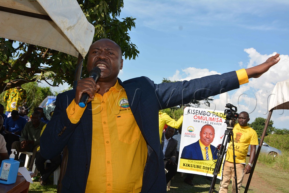 National Resistance Movement (NRM) flagbearer Paddy Kisembo speaking during the meeting. (Photo by Peter Abaanabasazi)