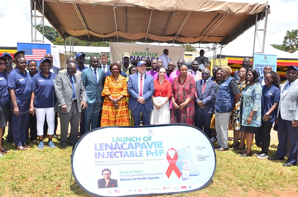 Health Minister Dr Jane Ruth Aceng and Deputy Head of Mission, Mikael Cleverly in a group photo with other leaders after the launch of lenacapavir drug on Friday, April 17, 2026. (Photo by Joseph Ekol)