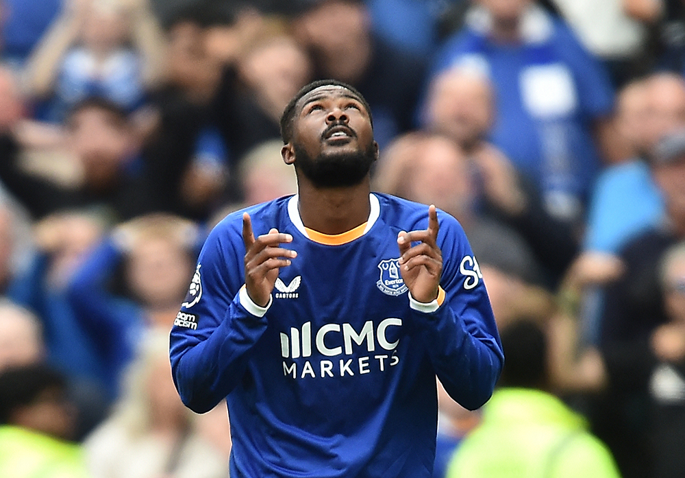 Everton's English defender #02 Ainsley Maitland-Niles celebrates scoring the team's second goal during the English Premier League football match between Everton and Manchester United at Hill Dickinson Stadium in Liverpool, north-west England on September 6, 2026. (Credit: AFP)