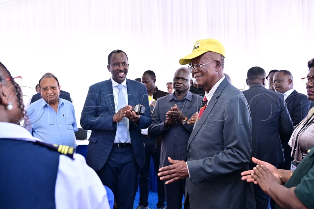 The Minister of Internal Affairs, Prof. Ephraim Kamuntu with URA Commissioner General John Musinguzi Rujoki at the My Identity Expo and Symposium 2026 at Kololo Ceremonial Grounds. (Credit: Miriam Namutebi))