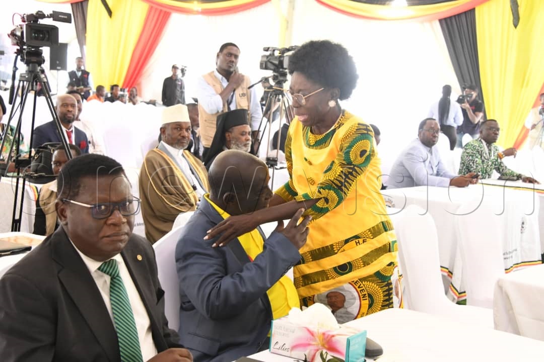 Kadaga greets for Vice President Edward Ssekandi at Kololo. (Credit: Mpalanyi Ssentongo)