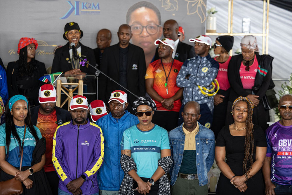 Members of the Team Vitality Running Club and other running clubs attend the funeral service of Elizabeth “Tsontso” Mokolo Moselakgomo, a victim of the recent east Johannesburg murders, in Mpumalanga on September 20, 2026.