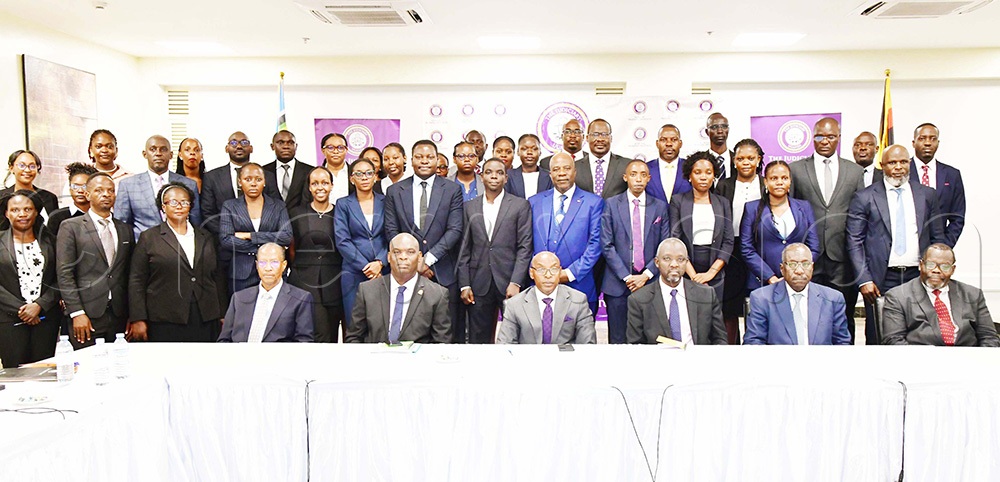 Seated (L-R):Justice Richard Buteera, Deputy CJ emeritus,   Justice Mike Chibita, Chairperson, Governing Council ,JTI  , Chief Justice Dr. Flavian Zeija, Justice Prof.Andrew Khaukha, Executive director JTI, Francis Atoke,  Solicitor General Emeritus and Dr. Onoria, Head Law Consulting & Knowledge Practice, ALP Advocates in a group photo with some of the lawyers attending the  ADR training on the new mediation rules at Supreme Court in Kampala on Wednesday 6th May 2026. (Credit: Mpalanyi Ssentongo) 