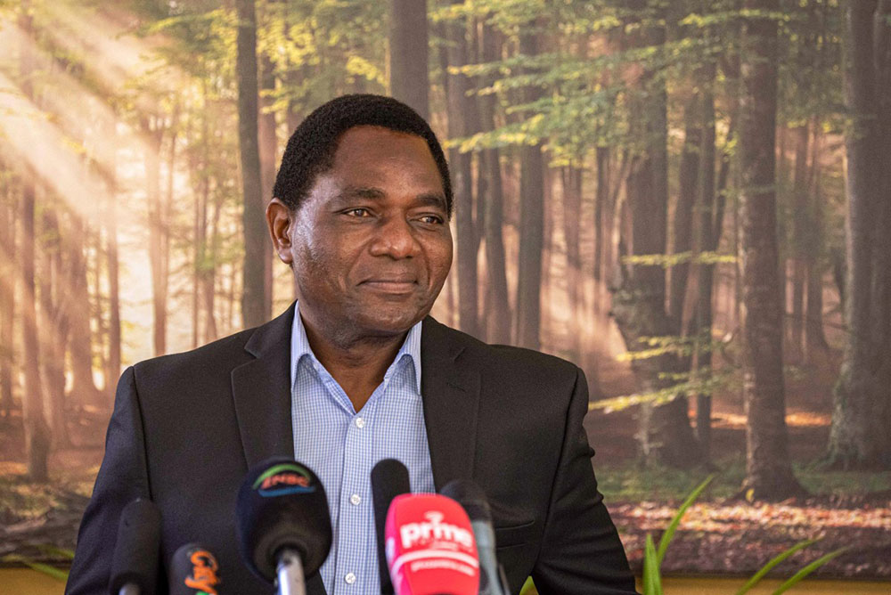 President elect Hakainde Hichilema gives a press briefing at his residence in Lusaka, on August 16, 2021. Zambians vote Thursday in a closely watched presidential election that will test whether recent economic gains can offset frustration over the high cost of living and unemployment in one of Africa's most stable democracies.