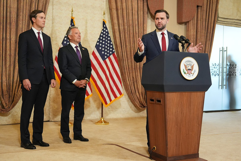 US Vice President JD Vance (R) speaks during a news conference after meeting with representatives from Pakistan and Iran, as US President Donald Trump's son-in-law Jared Kushner (L) and US Special Envoy to the Middle East Steve Witkoff (C) watch, in Islamabad on April 12, 2026. Iran and the United States failed to reach an agreement to end the war in the Middle East, US Vice President JD Vance said April 12 after marathon talks in Islamabad, adding that he was leaving negotiations after giving Tehran the "final and best offer". (Photo by POOL / AFP)