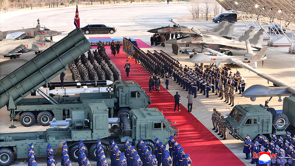   Military hardware during an event commemorating the 80th anniversary of the founding of the Korean People's Army Air Force at Kalma Airfield in Wonsan, Gangwon Province. (Photo by KCNA VIA KNS / AFP)