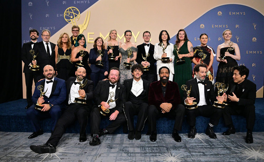 Cast and crew of "Widow's Bay" winners of Outstanding Comedy Series for pose in the press room during the 78th Primetime Emmy Awards at the Peacock Theatre at LA Live in Los Angeles on September 14, 2026. (AFP)