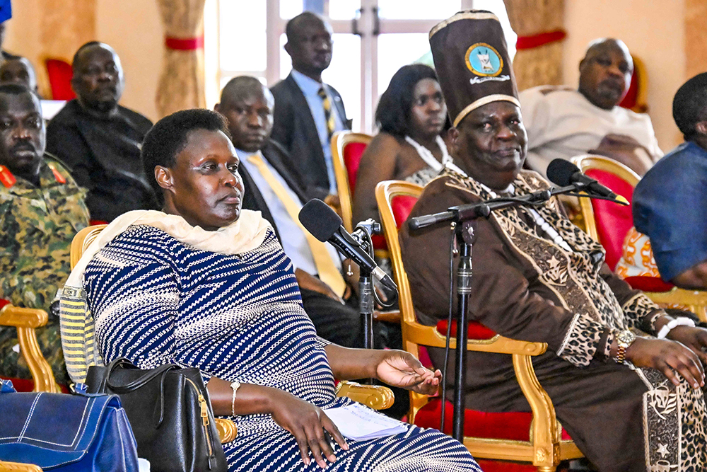  Vice President Jessica Alupo and Papa Emorimor of Teso Paul Sande Emolot Etomeileng attending a meeting chaired by President Yoweri Kaguta Museveni at the State House Entebbe. (Photo by PPU/ Tony Rujuta)