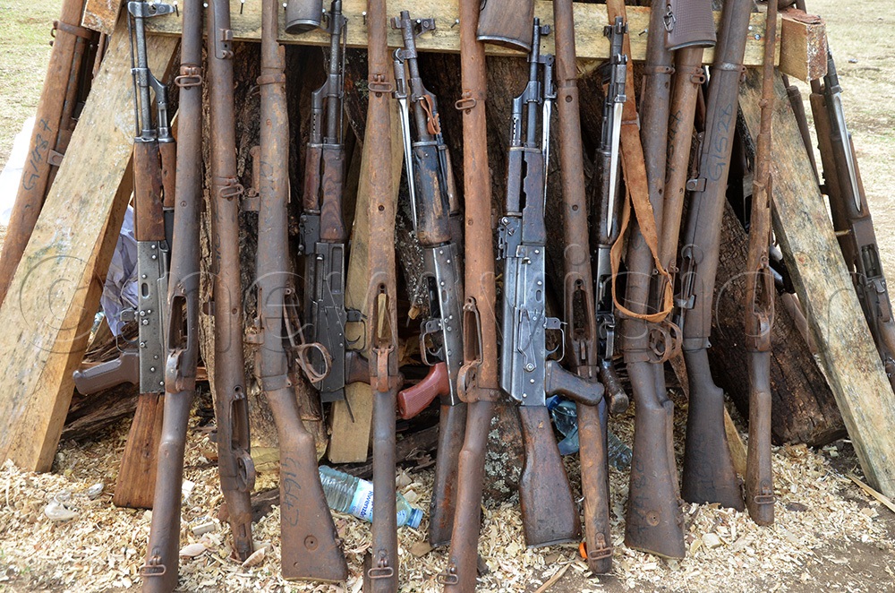 A total of 56 submachine guns &ndash;SMGs and 44 3O3 rifles were destroyed at a ceremony held at Naitakwae village, Naitakwae parish in Nadunget sub-county, Moroto district. (Photo by Olandason Wanyama)