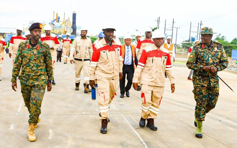 Maj. Gen. Sabiti Muzeeyi, General Manager of Luwero Industries Ltd, and NEC Managing Director Lt Gen. James Mugira receive judicial officers led by Chief Justice Dr Flavian Zeija on August 5, 2026. (Courtesy)