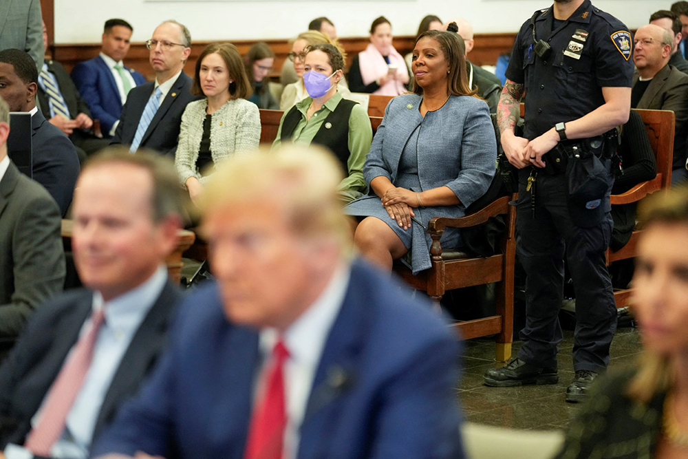New York Attorney General Letitia James (C, top) sits in New York State Supreme Court during the civil fraud trial against the Trump Organization, in New York City on January 11, 2024. She was indicted on one count of bank fraud and a second one of making false statements to a financial institution. (Photo by Seth Wenig / POOL / AFP)