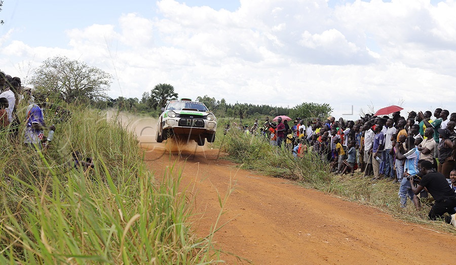 Duncan Mubiru powers his Ford Fiesta Proto over a jump during the KCB Gulu Rally 2026 in Gulu