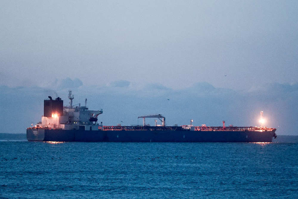 The oil tanker "Grinch", suspected of belonging to the Russian's shadow fleet, is seen outside the coast of Martigues near the port of Marseille-Fos, France, on January 25, 2026, as it's surveilled by the French Navy.