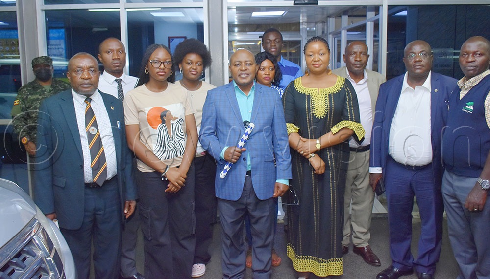 Charles Wesley Mumbere (centre), the king of the Rwenzururu kingdom, with his officials, family, and subjects before leaving for T&uuml;rkiye on October 13. (Credit: Julius Luwemba)