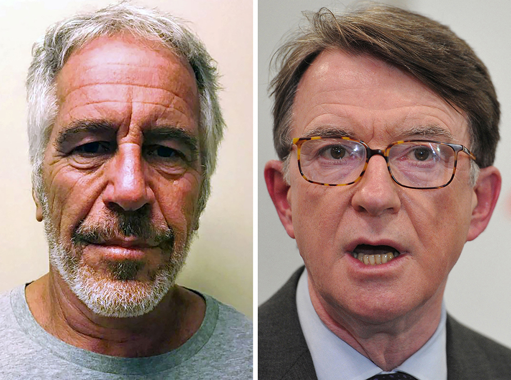 This combination of file photos created on February 5, 2026 shows an undated handout photo obtained July 11, 2019 courtesy of the New York State Sex Offender Registry showing Jeffrey Epstein (L); British Labour MP and former UK ambassador to the UD Peter Mandelson. 