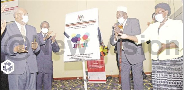 Rugunda, Prof. Omaswa, first deputy premier Moses Ali and primary healthcare state minister Joyce Moriku during the launch of the COVID-19 response
