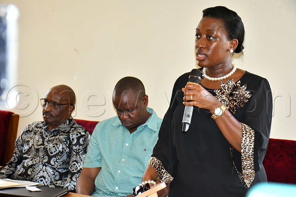 The State Minister for Local Government Justine Nameere Nsubuga (L) addressing local leaders at the Bulambuli district headquarters. Looking on is the Minister for Local Government, Balaam Barugahara (C), and Simon Mulongo (L), the State Minister of Gender, Labour and Social Development in charge of Employment and Industrial Relations. (Photo by Donald Kiirya)